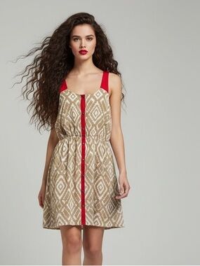 Charming Charlie Tan Red Ikat Diamond Chiffon Dress Size M
